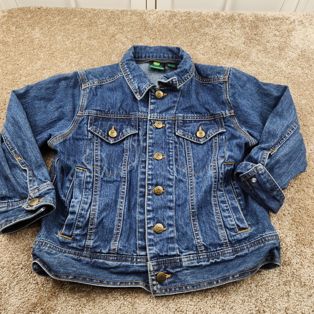 John Deere Unisex Kid's Dark Wash Button Up Blue Jeans Jacket Size S (8)